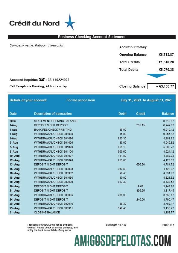 Baixável Crédit Du Nord Enterprise modelo de extrato de conta Word e PDF